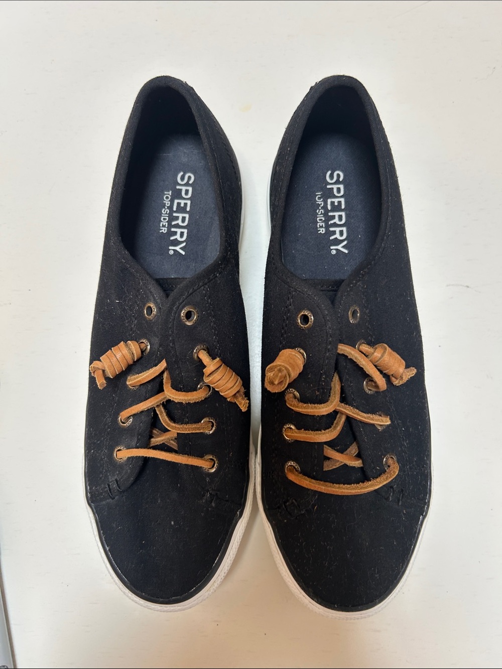Sperry Black Canvas Slip-Ons with Tan Leather Laces